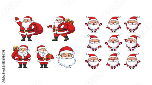 Collection of Cheerful Cartoon Santa Claus Characters Posing and Waving, Ready for Christmas Holiday Season Festivities