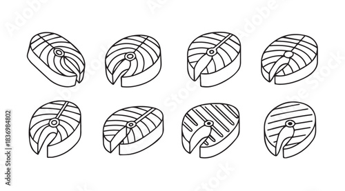 Set of hand-drawn salmon steaks grilled and ready to eat in outline style vector