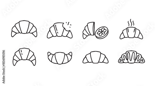 Hand drawn croissant icons set delicious baked pastry food illustrations for breakfast and cafe menus vector