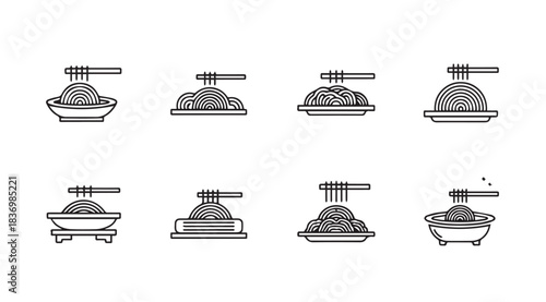 Set of eight simple line art icons representing bowls of pasta and noodles vector