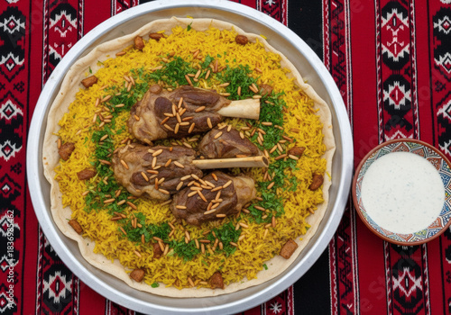 Authentic Jordanian Mansaf Lamb Rice Platter On Traditional Bedouin Rug