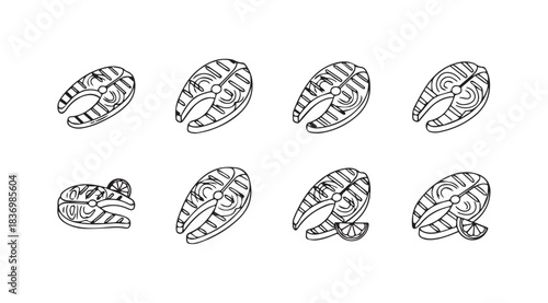 Grilled salmon steaks collection hand drawn sketch art food ingredient seafood vector
