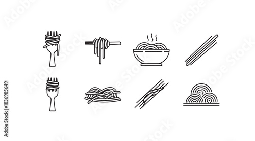 Collection of italian pasta icons in black and white simple line art style vector