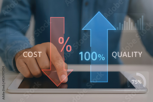 Cost reduction and quality improvement are essential for business success. This illustrates balance between cost and quality, emphasizing importance of optimizing both aspects