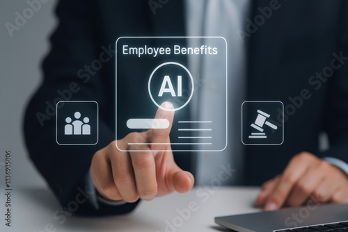 Person interacting with digital interface displaying employee benefits and artificial intelligence. image conveys modern approach to HR technology and legal aspects