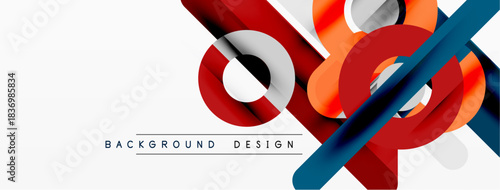 Modern abstract design. Overlapping lines, circles create dynamic composition. Red, blue, orange hues dominate white background. Minimalist style.