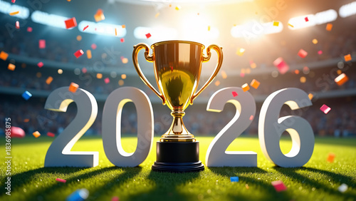 Golden trophy gleams between bold “2026”—stadium lights, falling confetti, and cheering crowd evoke triumph, anticipation, and the radiant energy of future global celebration.
