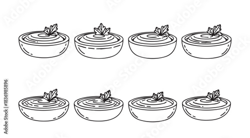 Hand drawn line art set of eight bowls filled with creamy dip or hummus garnished vector