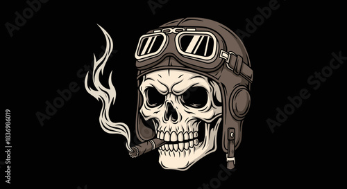Skull Wearing Aviator Helmet Smoking Cigar With Smoke.