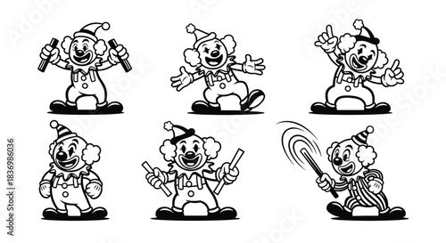 Set of six vintage cartoon clowns performing various actions.