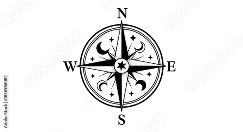 Vintage Compass Rose with Celestial Accents.