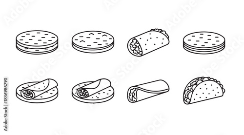 Hand drawn mexican food icons featuring tortillas burritos and tacos for culinary design vector