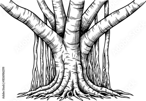 ancestral wood gravitas and growth, illustrated with classic engravings enduring spirit, isolated on transparent background