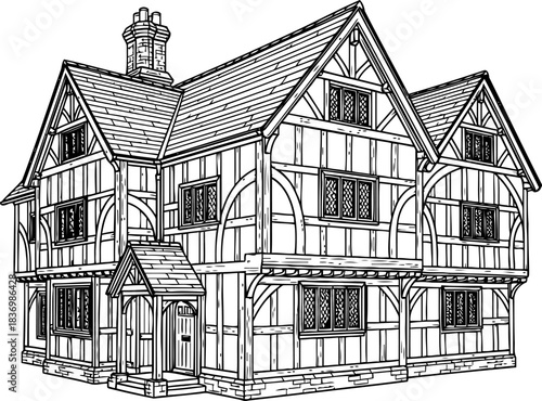 architectural legacy an enduring tudor home etched in detailed line art, isolated on transparent background