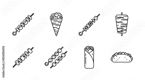 Set of delicious street food icons featuring kebabs shawarma tacos and wraps on white vector