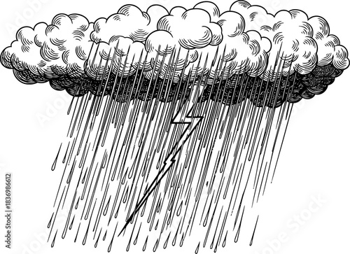 celestial drama vintage etching of a powerful cloudburst and lightning strike, isolated on transparent background