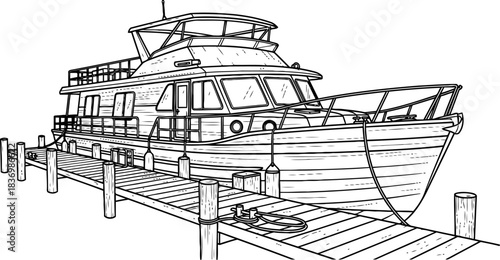 coastal comfort a stylized houseboat moored in serene monochrome waters, isolated on transparent background