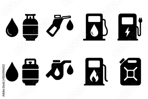 Fuel and energy icon set. Black vector symbols of gas, oil, electric, flame, and pump for industry and transport design.