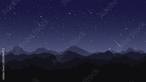 Mountain Night. Night sky with stars and mountains. Vector illustration	