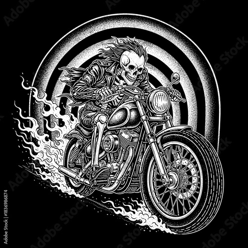 Skeleton Rider on a Vintage Motorcycle with Fiery Trails.