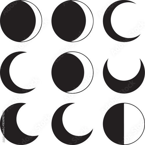 Illustration of Moon Phases in Black and White Vector Format