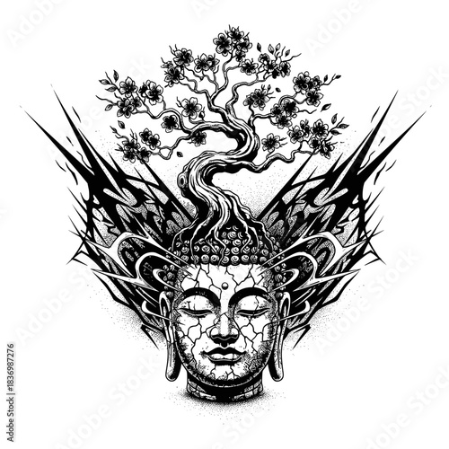 Buddha Head with Tree Growing From Top and Abstract Wings.