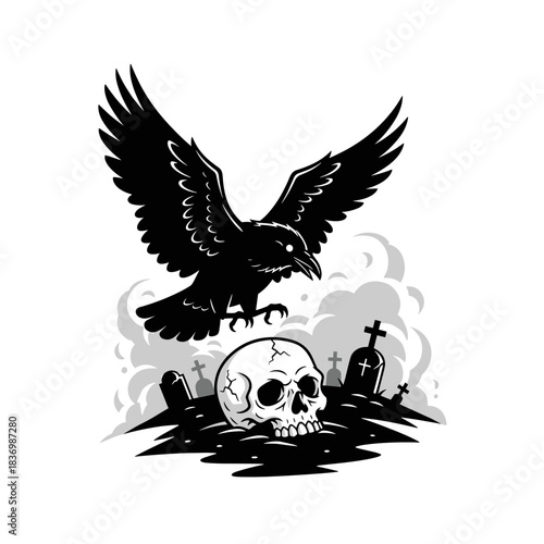 A black crow descends upon a human skull in a graveyard.