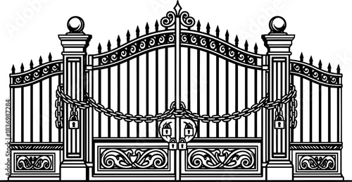 immutable entry intricate iron gates, chained and locked, define exclusive domains, isolated on transparent background