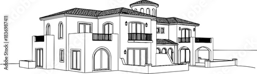 mediterranean dreamscape architectural vision for a grand coastal estate outline, isolated on transparent background