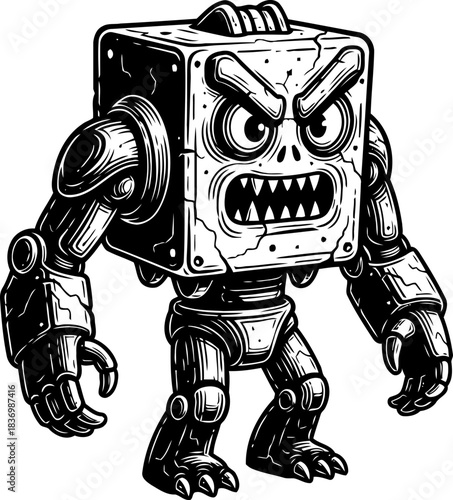 mechanical menace cartoon grudgebot captures the spirit of retro gaming challenges, isolated on transparent background