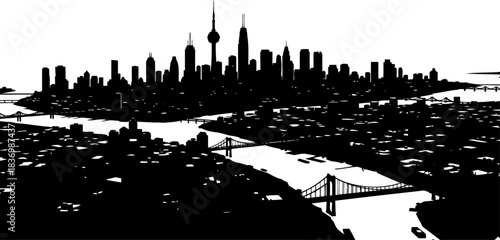 metropolis unveiled graphic horizon of progress, rivers weaving through concrete dreams, isolated on transparent background