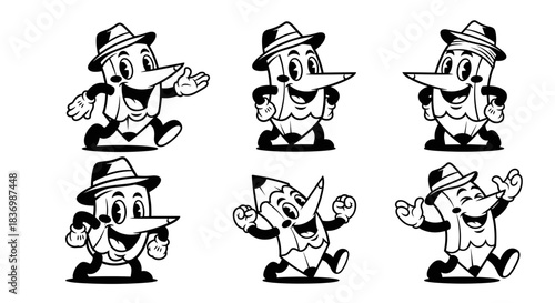 Retro Cartoon Pencil Character Set with Multiple Poses.