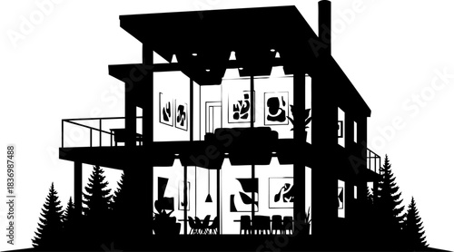 modern sanctuary architectural silhouette revealing contemporary home living and elegant design, isolated on transparent background