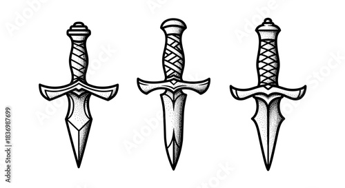 Three ornate daggers displayed in a row with detailed handles and blades.
