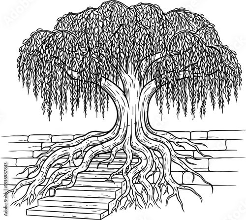 rootbound sanctuary natures timeless embrace upon forgotten ancient stone steps, isolated on transparent background