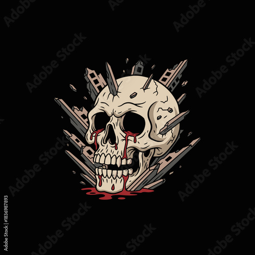 A macabre skull with blood dripping from its eye sockets and mouth.