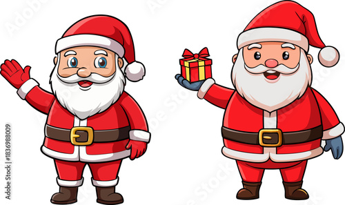Happy cartoon Santa Claus character with red hat, beard, and smile carrying gifts and a bag, isolated for a fun Christmas and winter holiday illustration