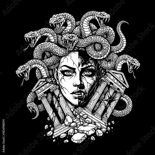 Medusa Gorgon Head with Snakes and Ancient Ruins Illustration.