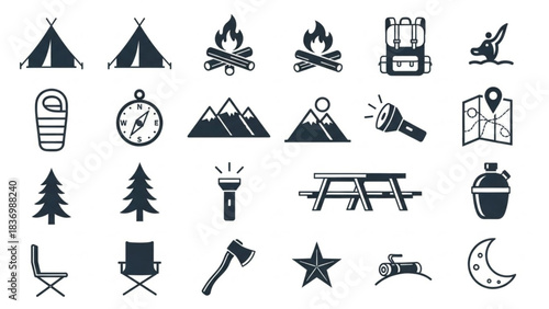 Camping Gear Line Art Icons – Tent, Fire, Boots, Compass Vector Pack