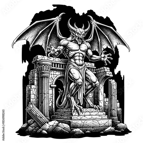 Detailed illustration of a muscular demon creature with large wings and horns standing on ancient ruins.