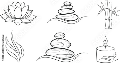 Spa Wellness Zen Elements Line Art Set with vector illustration