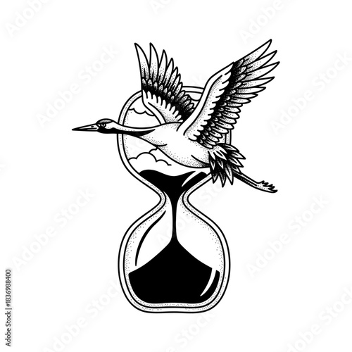 Elegant Crane Flying Over Hourglass Symbolizing Time Passing.