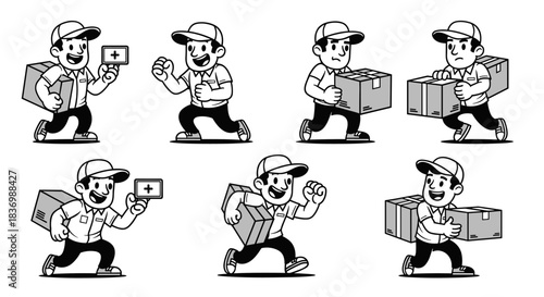Delivery Man Character Set with Boxes and Packages.