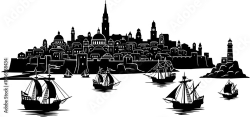 voyagers haven mythic seaports silhouette, where ships unfurl destiny, isolated on transparent background