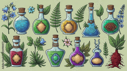 Cute Magic Potion Collection – Colorful Fantasy Elixir Bottles Vector