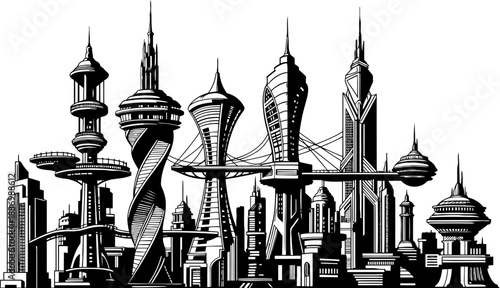 zenith metropolis bold graphic rendition of future urban dreamscapes, isolated on transparent background