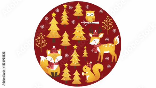 Festive illustrations of a winter forest scene with animals and Christmas tree elements within a circle, perfect for holiday decoration or greeting card designs. The design features a charming fox.