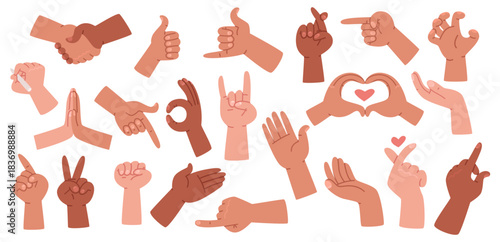 Set of various hands showing various gestures, including approval, pointing, shaking hands, victory, cool, love, and more. Vector illustration