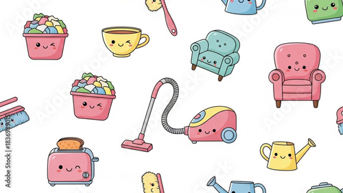 Pastel Kawaii Home Appliance Characters – Cartoon Vector Set