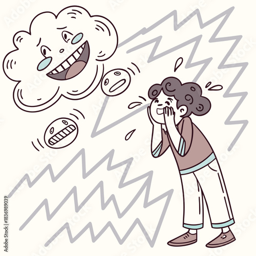 haired girl character with various emotions and poses illustration art design vector, Flat vector illustration poster, Looking at my darker self — the quiet dialogue of inner identity